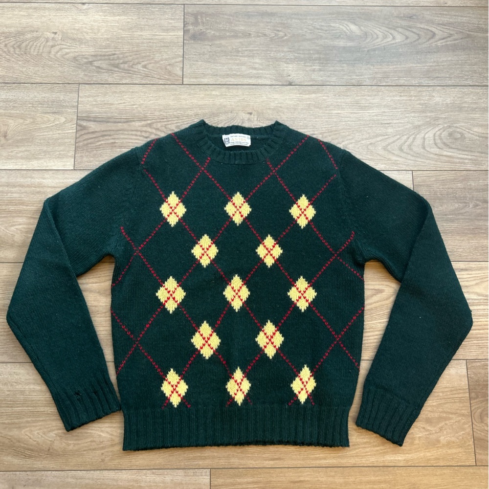 Vintage 60s Argyle Wool Sweater Aston Green Hand Framed Knit Men size 38 (S/M?)